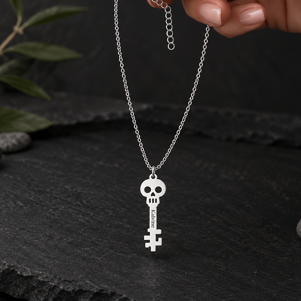 Personalized Custom Skull Key Name Necklace, Unique Design